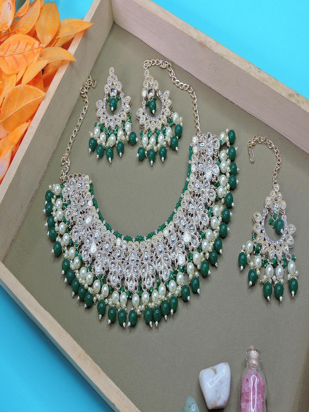 

VATSALYA creation Gold-Plated Stone-Studded & Beaded Necklace & Earrings