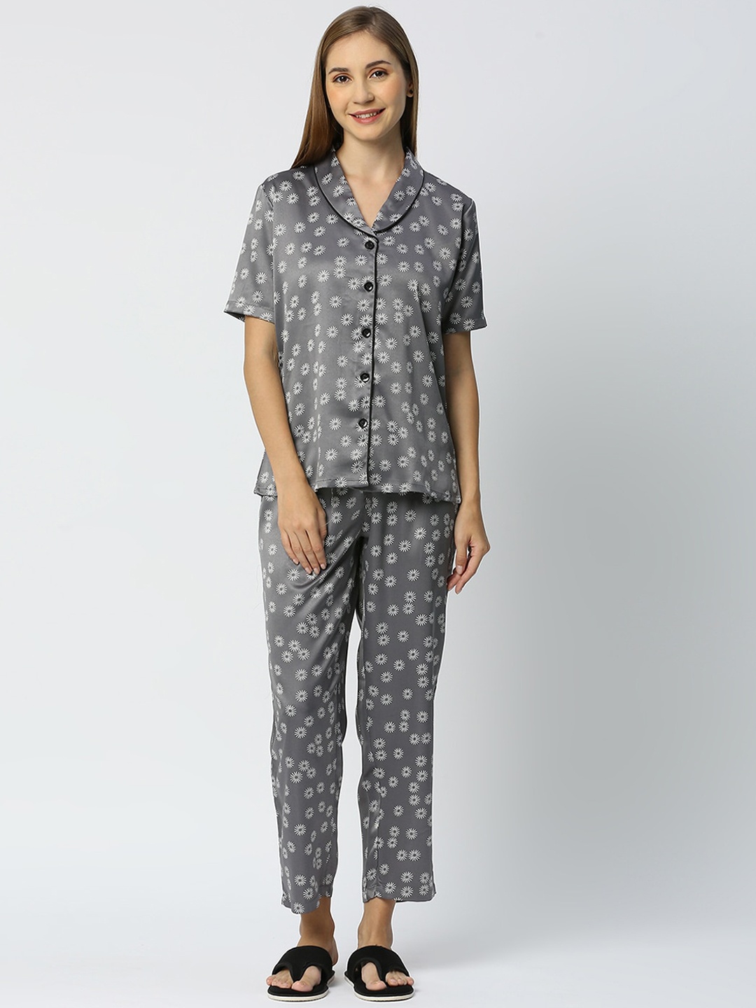 

Smarty Pants Floral Printed Satin Shirt & Pyjamas, Grey