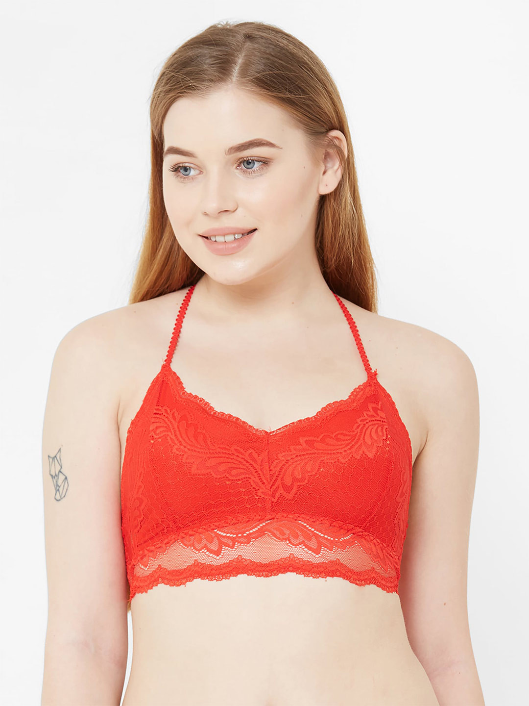 

NOIRA Floral Laced Full Coverage Removable Padding Bralette Bra With All Day Comfort, Red
