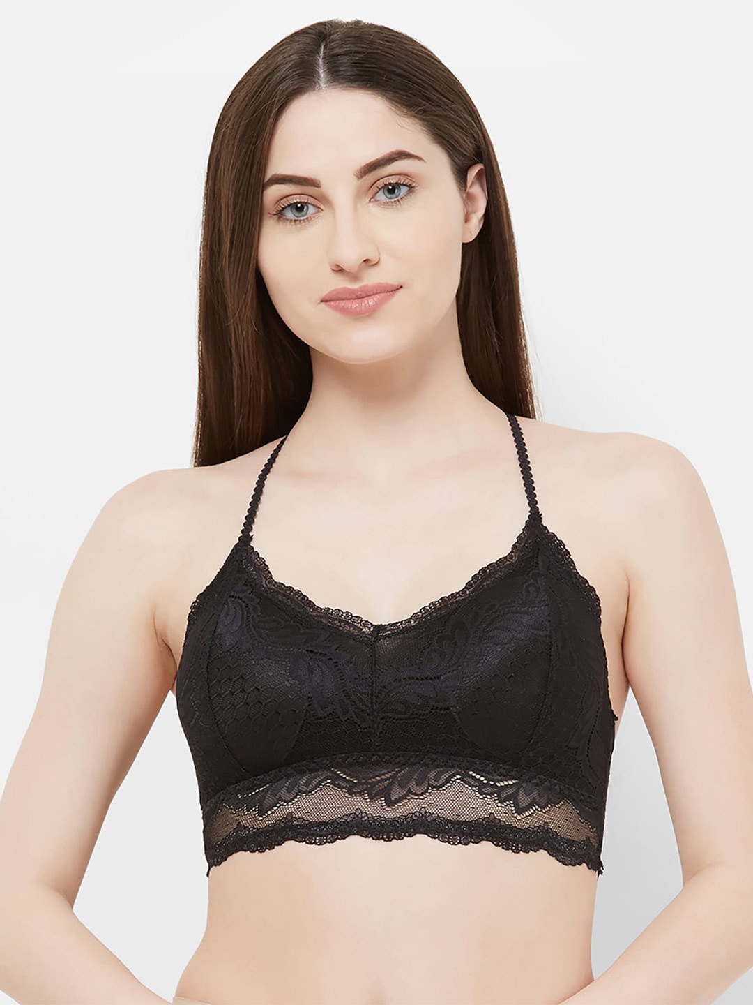 

NOIRA Floral Laced Full Coverage Removable Padding Bralette Bra With All Day Comfort, Black