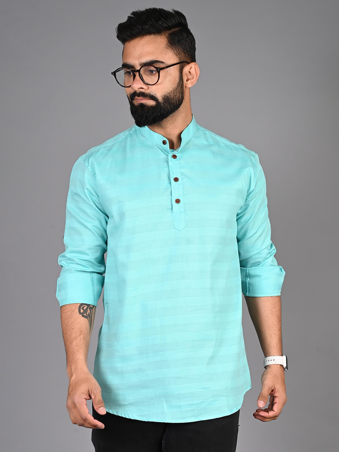 

FUBAR Striped Band Collar Roll-Up Sleeves Short Kurta, Turquoise blue