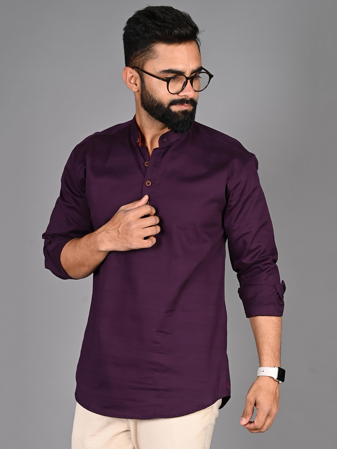 

FUBAR Striped Band Collar Roll-Up Sleeves Short Kurta, Purple