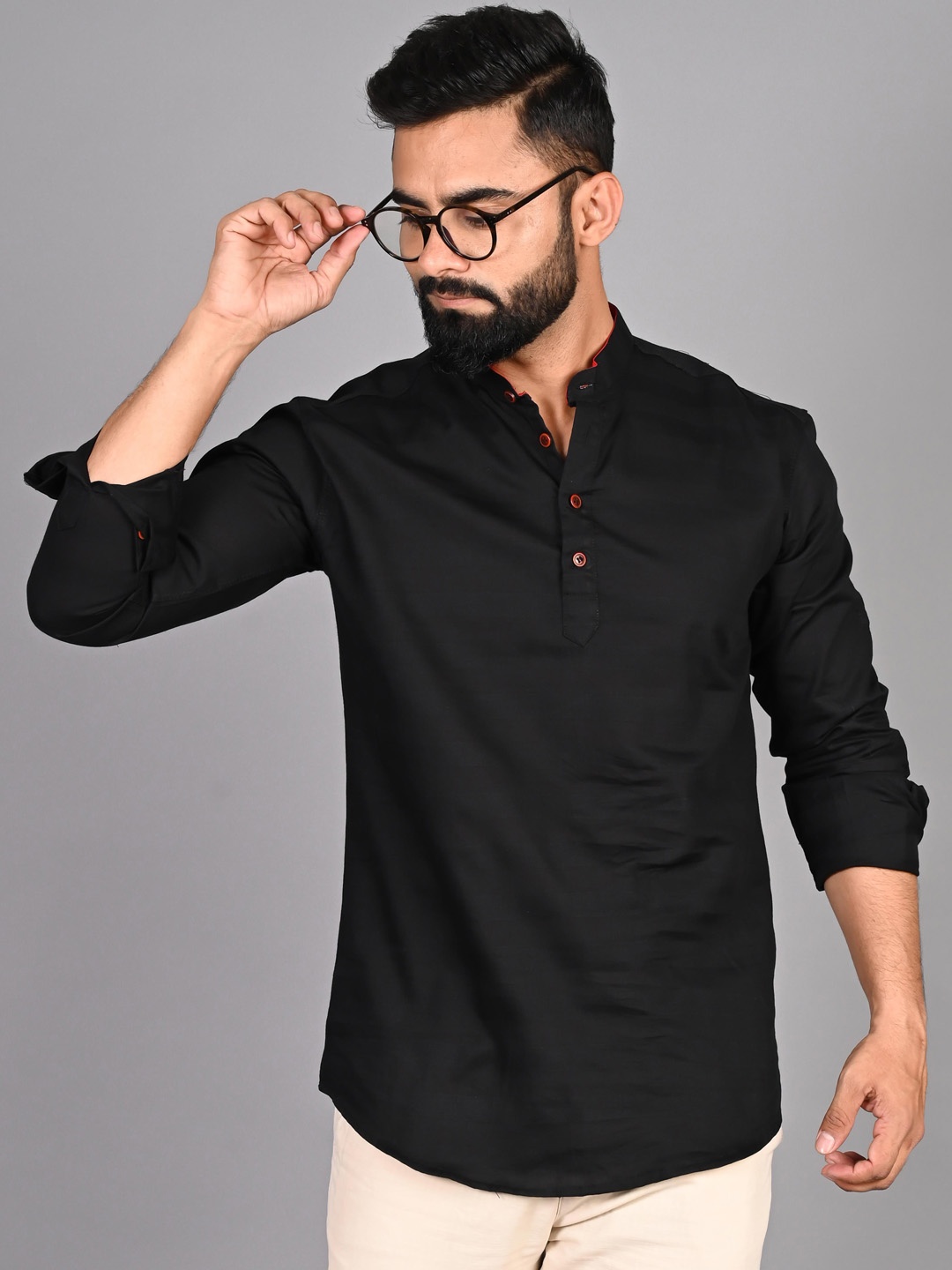 

FUBAR Striped Mandarin Collar Kurta, Black