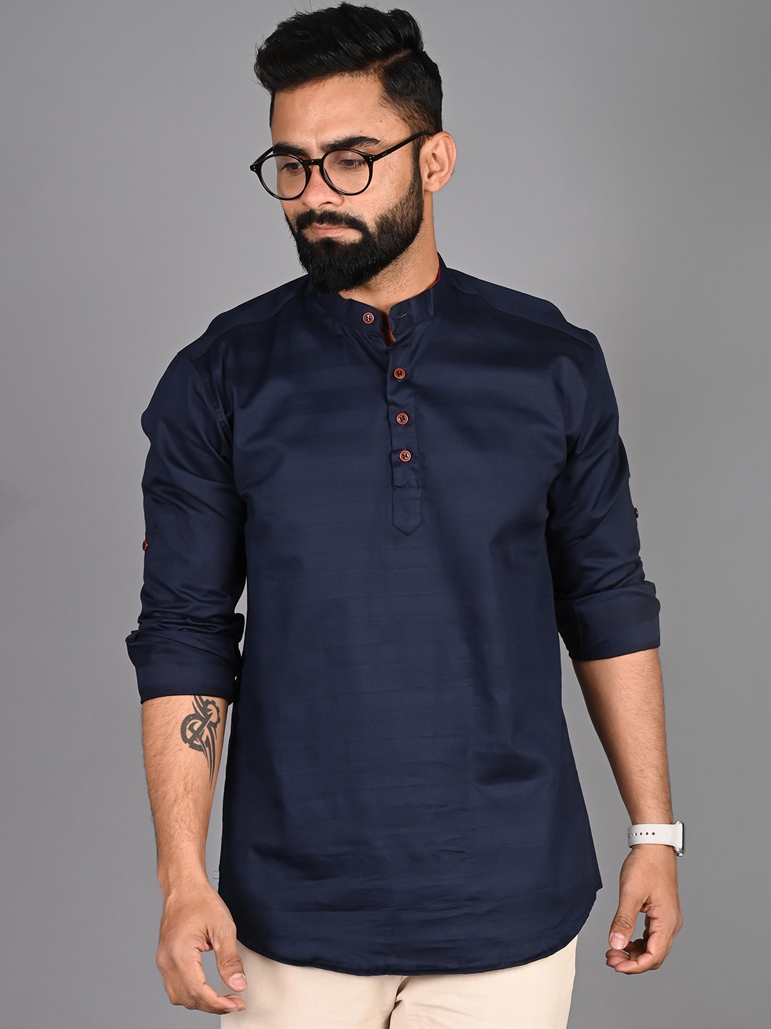 

FUBAR Woven Design Roll-Up Sleeves Band Collar Kurta, Blue
