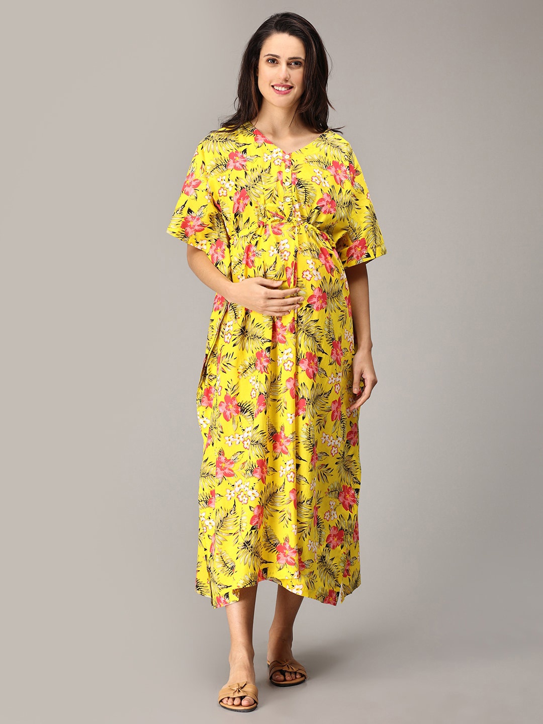 

The Mom Store Floral Printed Pure Cotton Maternity Maxi Kaftan Nightdress, Yellow