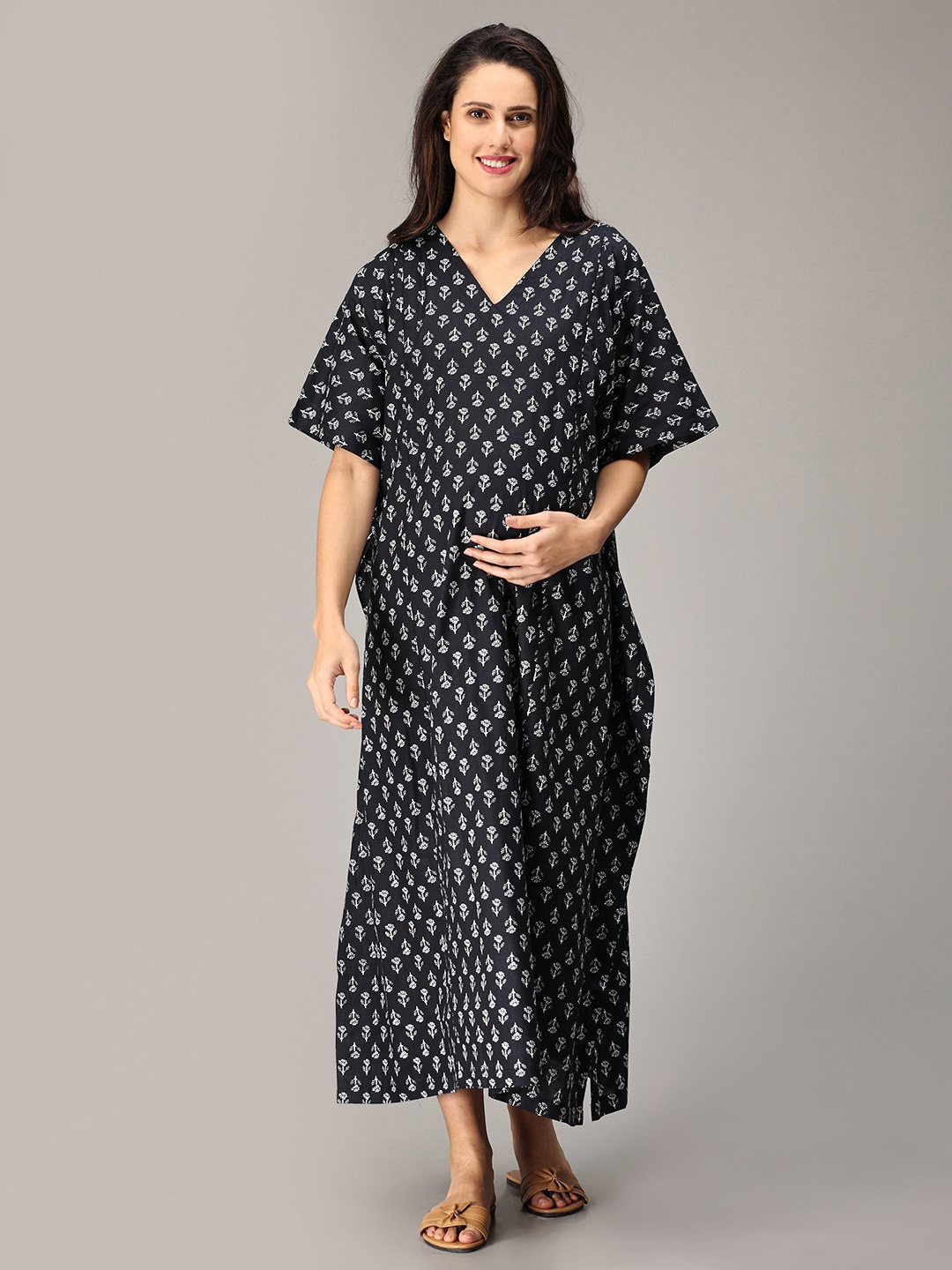 

The Mom Store Floral Printed Pure Cotton Maternity Maxi Kaftan Nightdress, Black