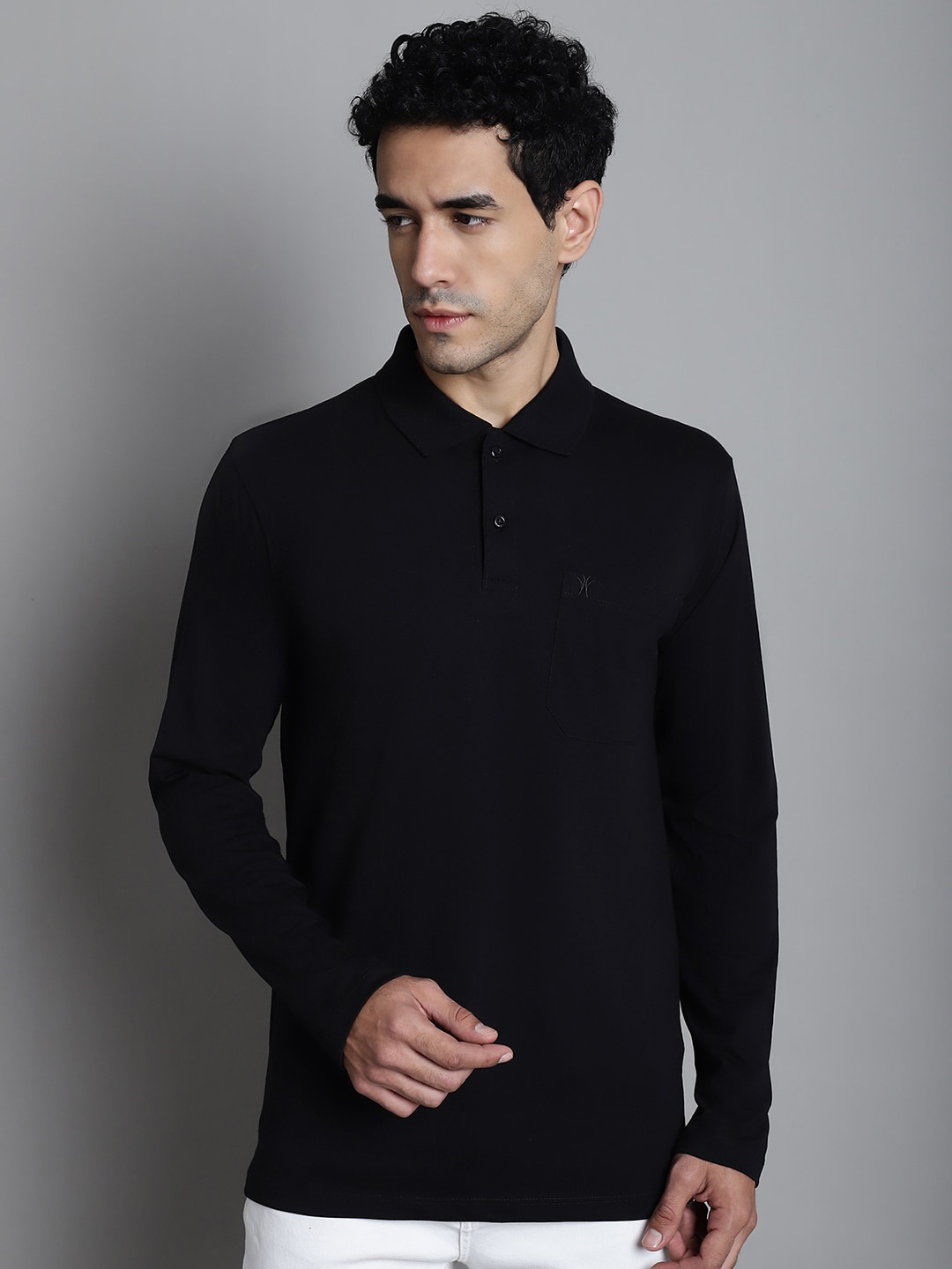 

VENITIAN Polo Collar Pockets Casual T-shirt, Black