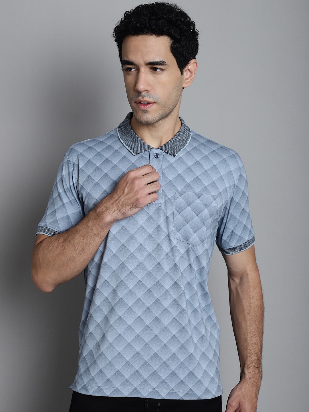 

VENITIAN Geometric Printed Polo Collar Pockets Slim Fit Casual T-shirt, Blue