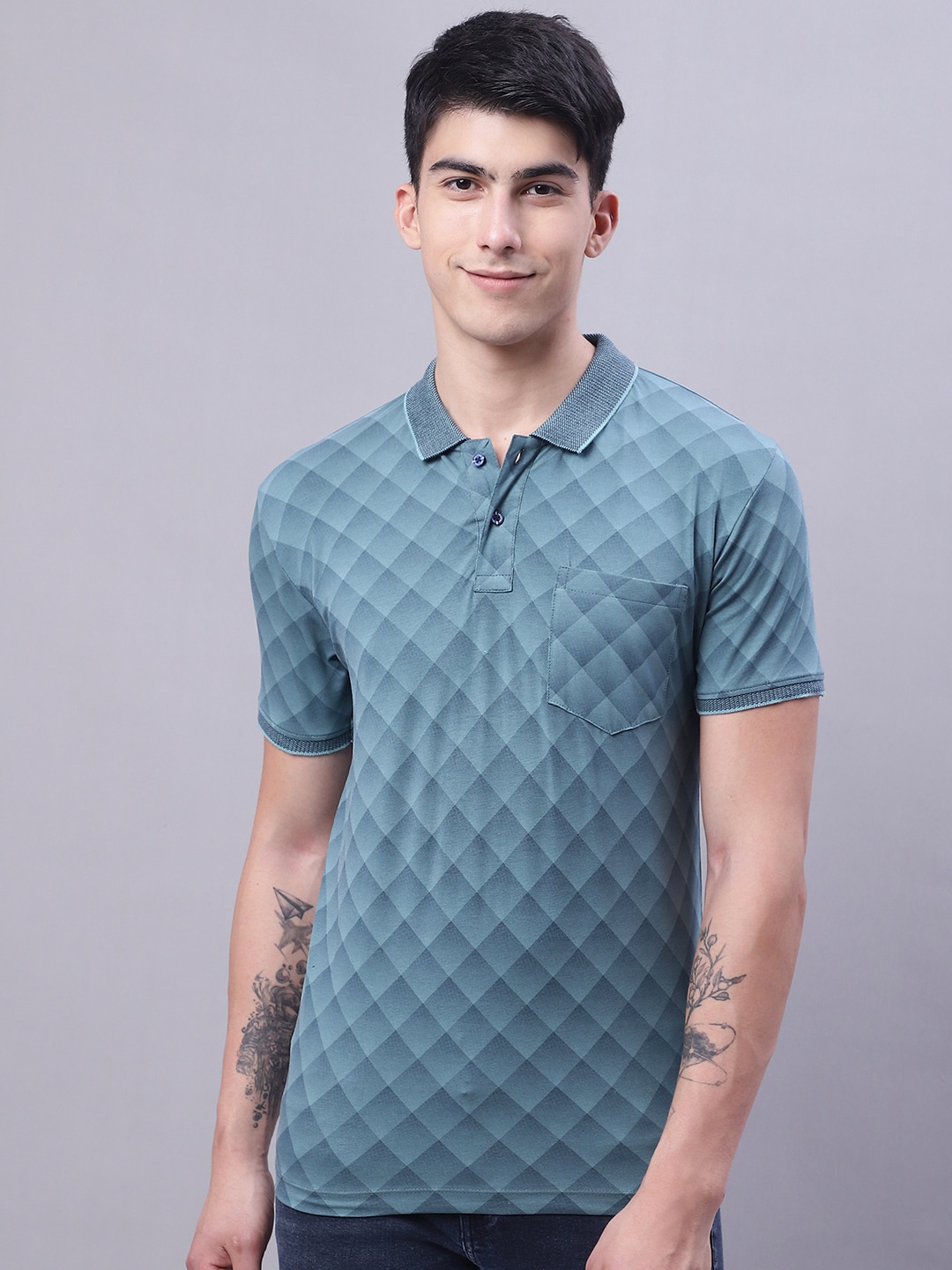

VENITIAN Geometric Printed Polo Collar Pockets Slim Fit Casual T-shirt, Blue