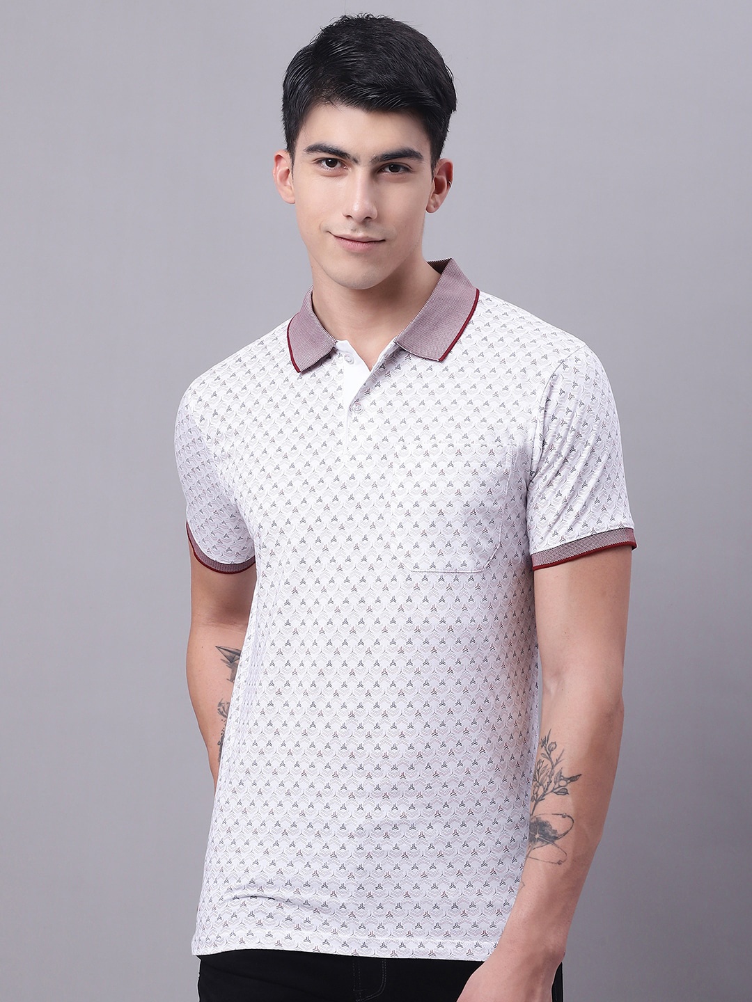 

VENITIAN Geometric Printed Polo Collar Pockets Slim Fit Casual Pure Cotton T-shirt, White