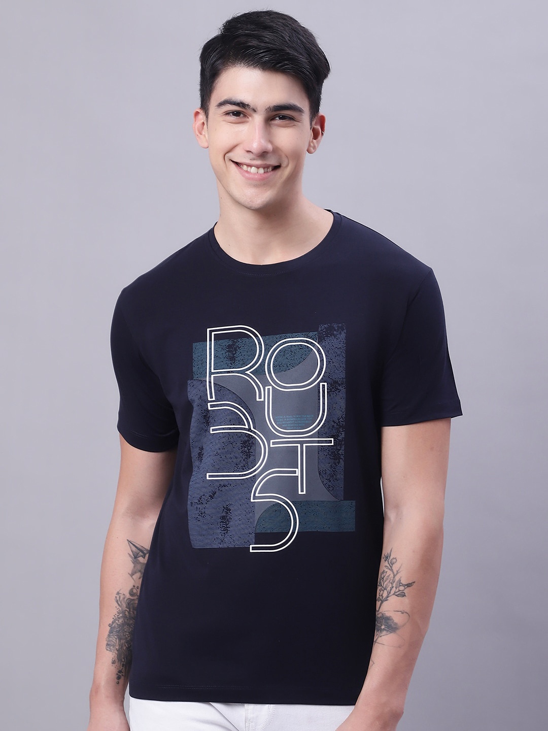 

VENITIAN Typography Printed Round Neck Slim Fit Casual T-shirt, Navy blue