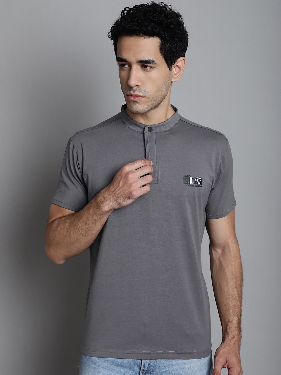 

VENITIAN Henley Neck Slim Fit Casual T-shirt, Charcoal