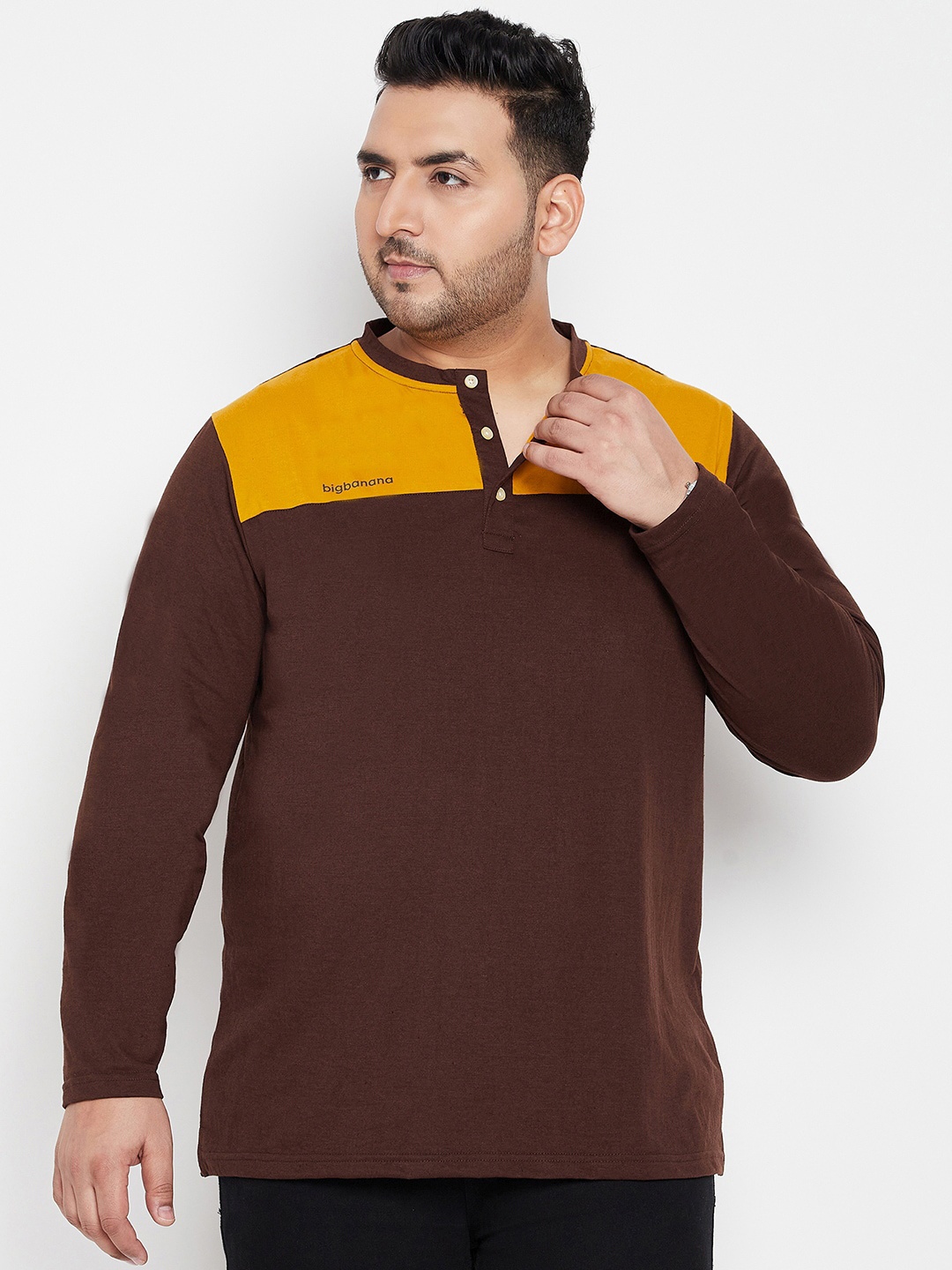 

bigbanana Oversized Colourblocked Mandarin Collar T-shirt, Brown