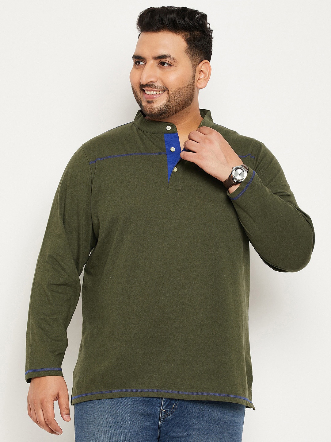 

bigbanana Plus Size Band Collar Bio Finish Pure Cotton T-shirt, Green