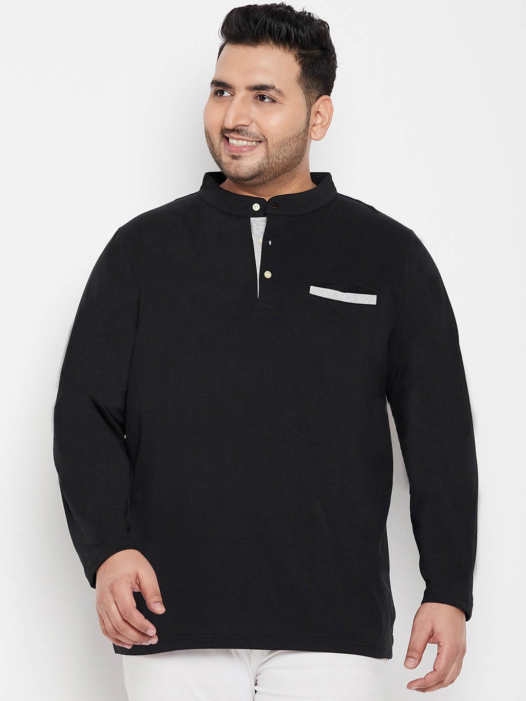 

bigbanana Men Plus Size Mandarin Collar Pocket Pure Cotton T-shirt, Black
