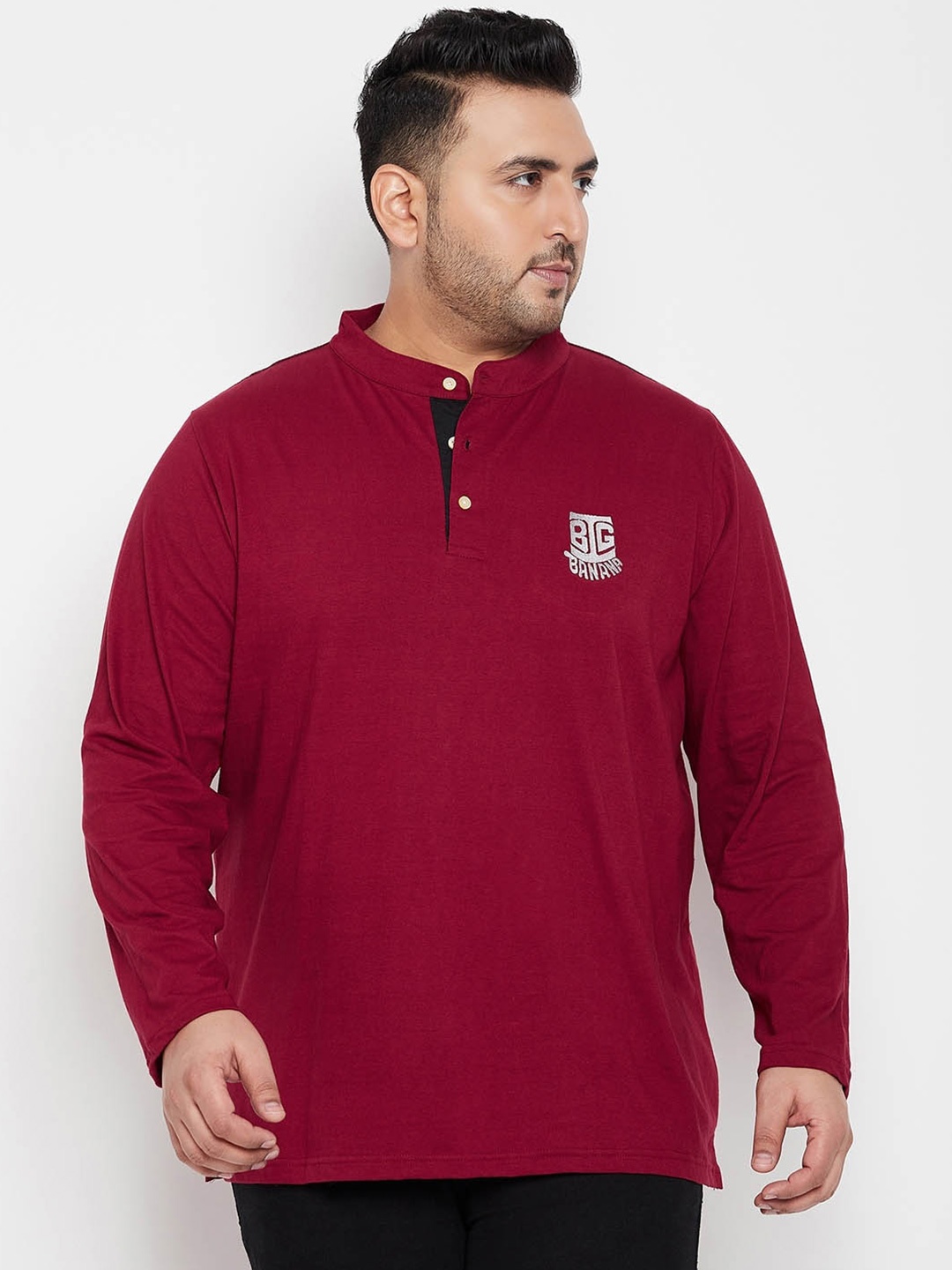 

bigbanana Plus Size Band Collar Bio Finish Pure Cotton T-shirt, Maroon