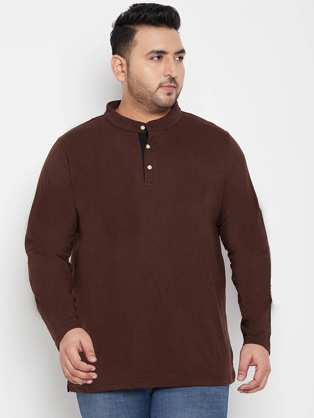 

bigbanana Men Plus Size Mandarin Collar Pure Cotton T-shirt, Brown