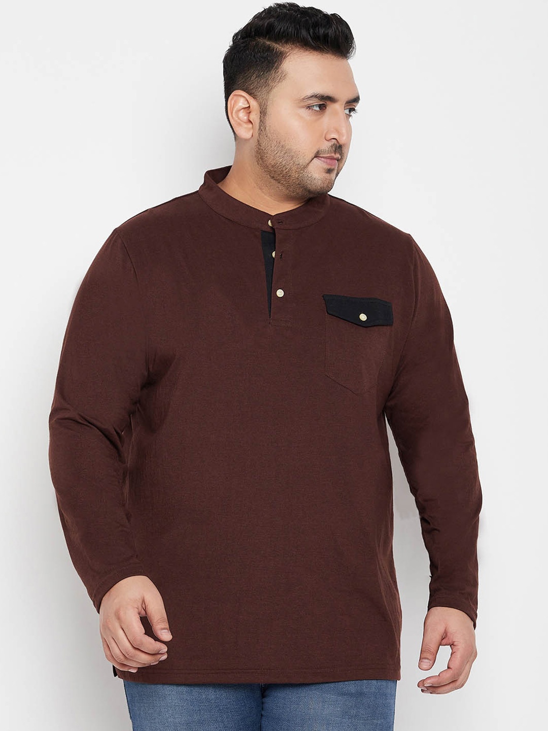 

bigbanana Plus Size Band Collar Bio Finish Pure Cotton T-shirt, Brown