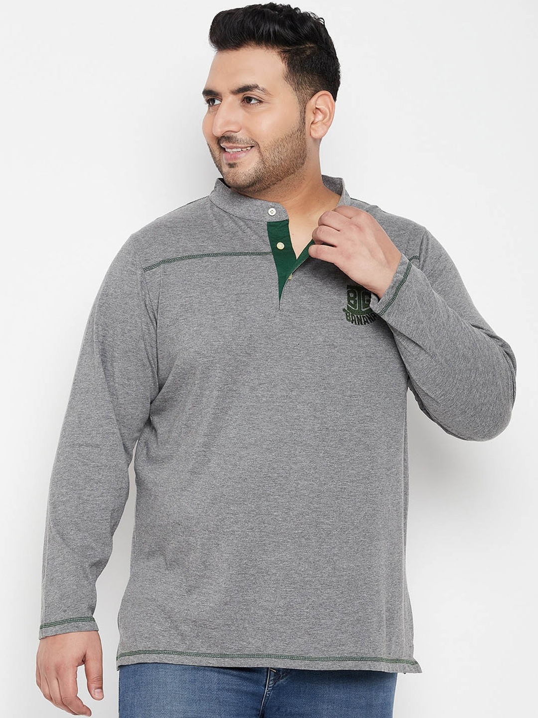 

bigbanana Plus Size Band Collar Bio Finish Pure Cotton T-shirt, Grey