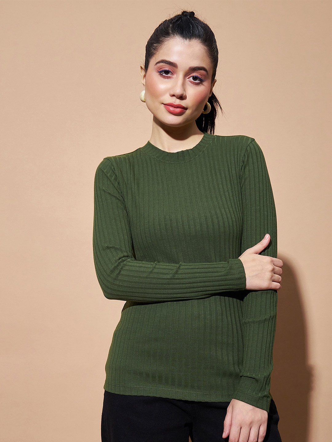 

SASSAFRAS BASICS Ribbed Long Sleeves Cotton Top, Olive