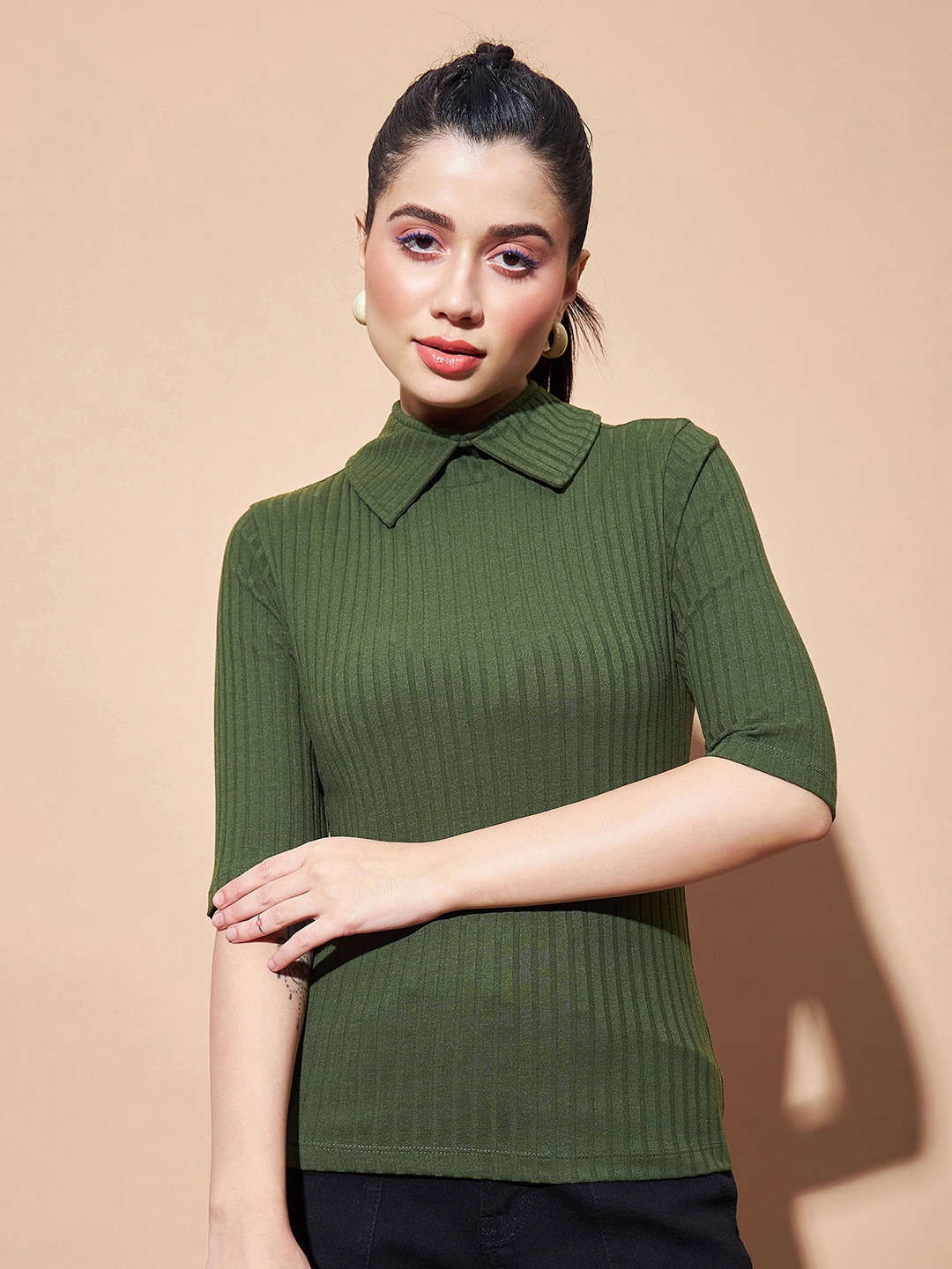 

SASSAFRAS BASICS Ribbed Shirt Collar Cotton Top, Olive