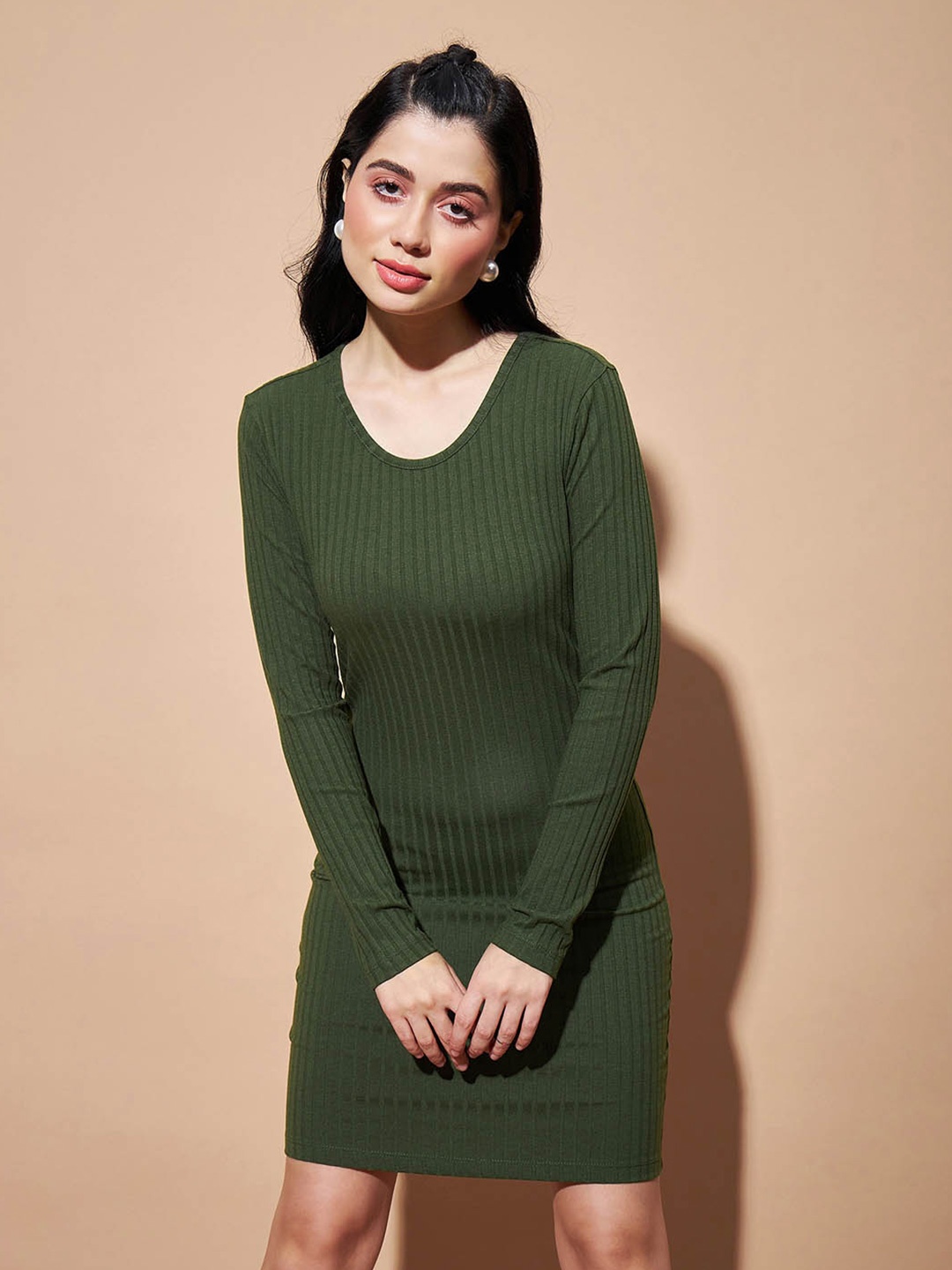 

SASSAFRAS BASICS Cut-Out Ribbed Round Neck Cotton Bodycon Dress, Olive