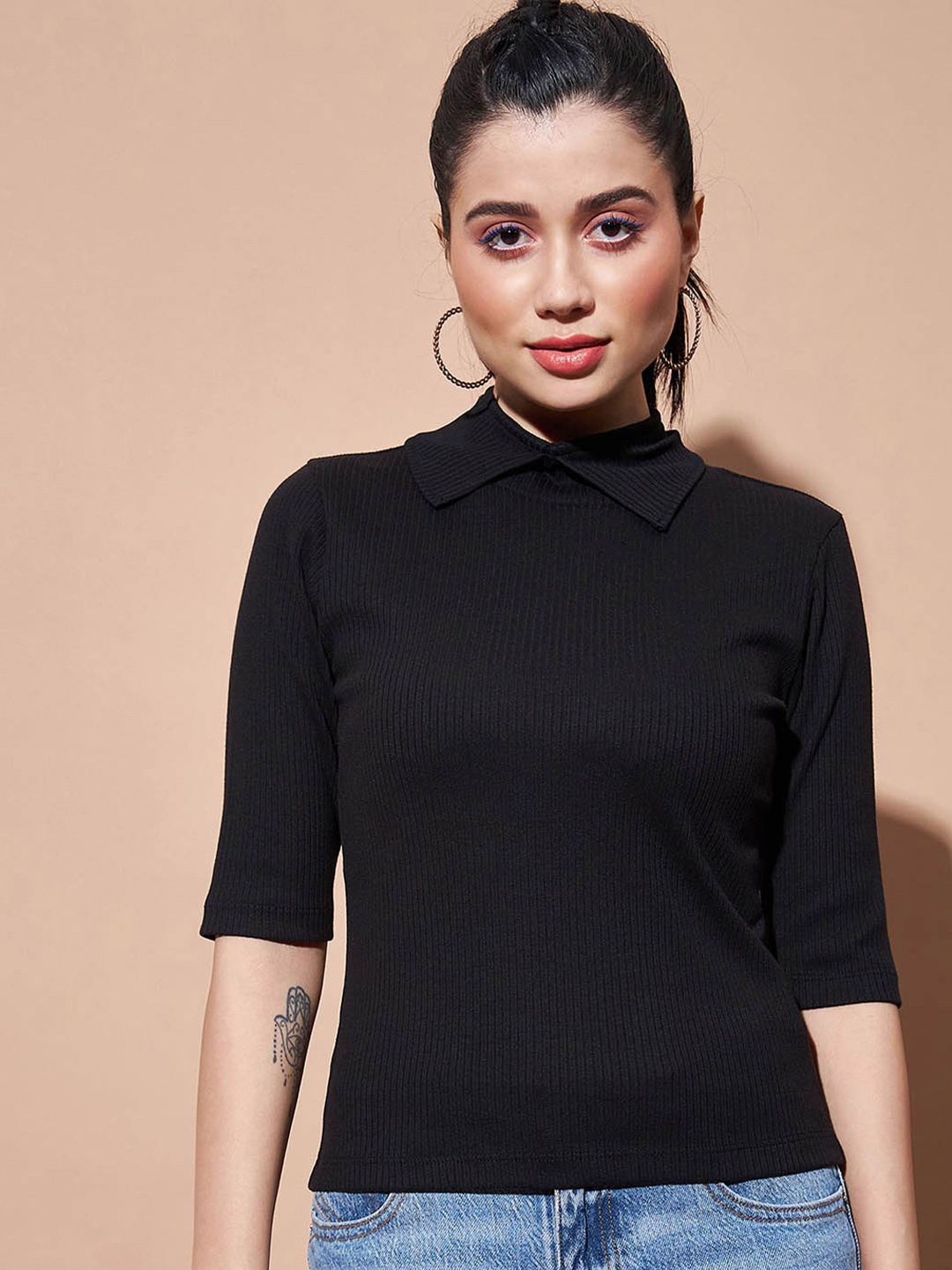 

SASSAFRAS BASICS Ribbed Shirt Collar Cotton Top, Black