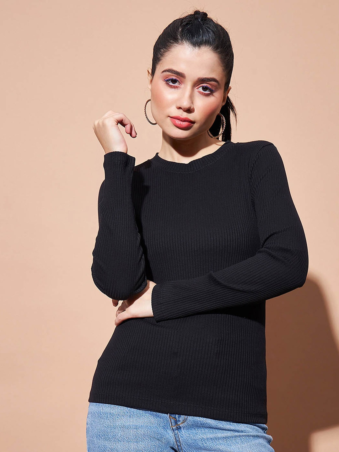 

SASSAFRAS BASICS Ribbed Long Sleeves Cotton Top, Black