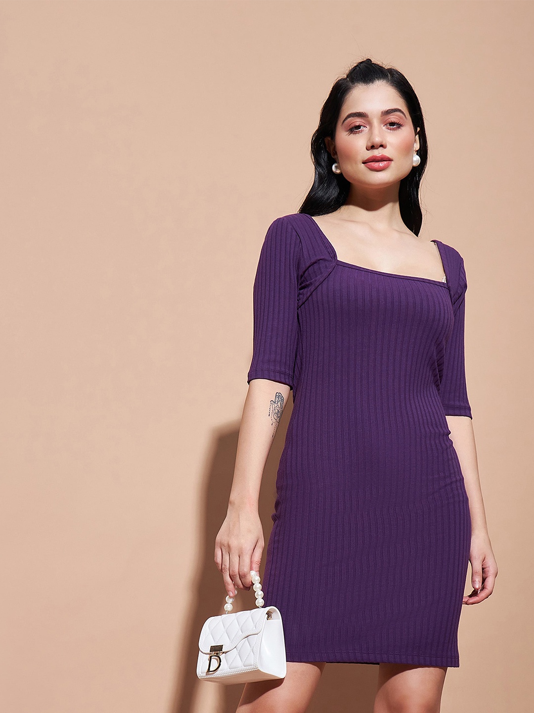 

SASSAFRAS BASICS Ribbed Square Neck Cotton Bodycon Dress, Purple