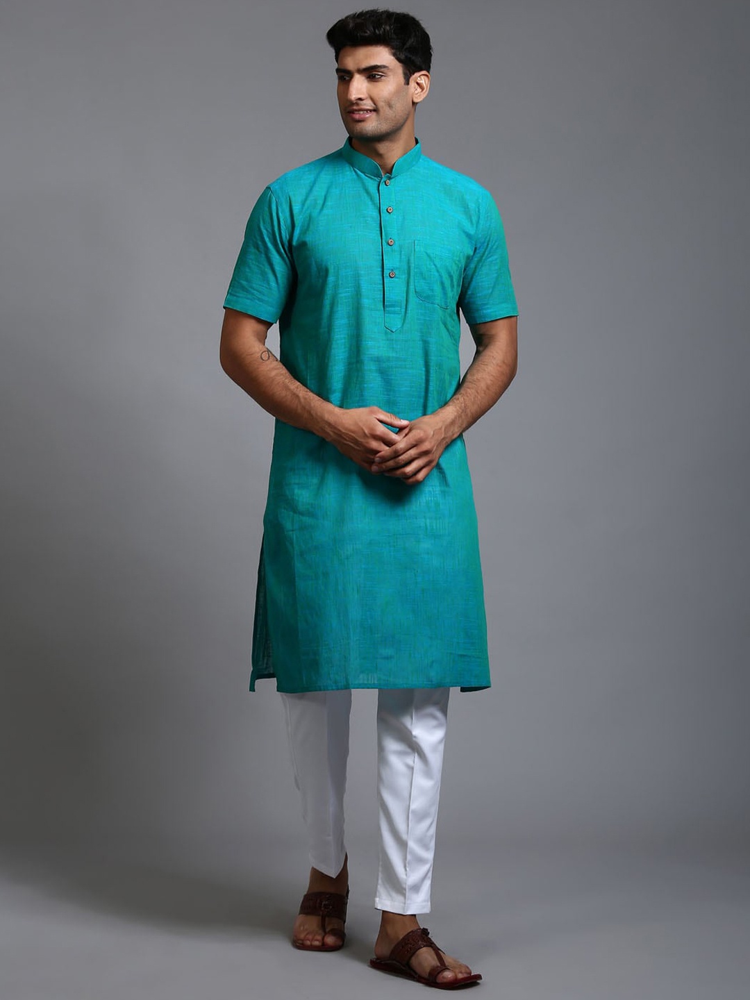 

VM Mandarin Collar Pure Cotton Kurta With Trousers, Turquoise blue