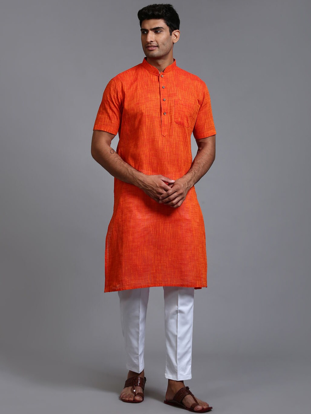 

VASTRAMAY Mandarin Collar Short Sleeve Straight Pure Cotton Kurta Set, Orange