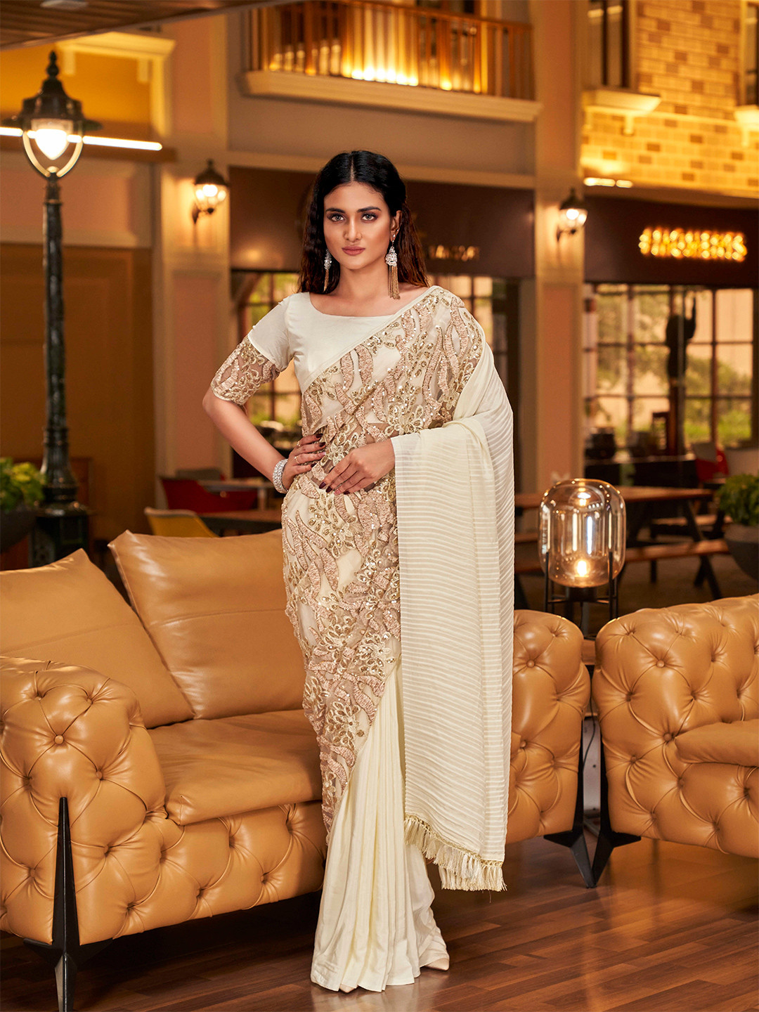 

Tikhi Imli Floral Embroidered Satin Saree, Cream