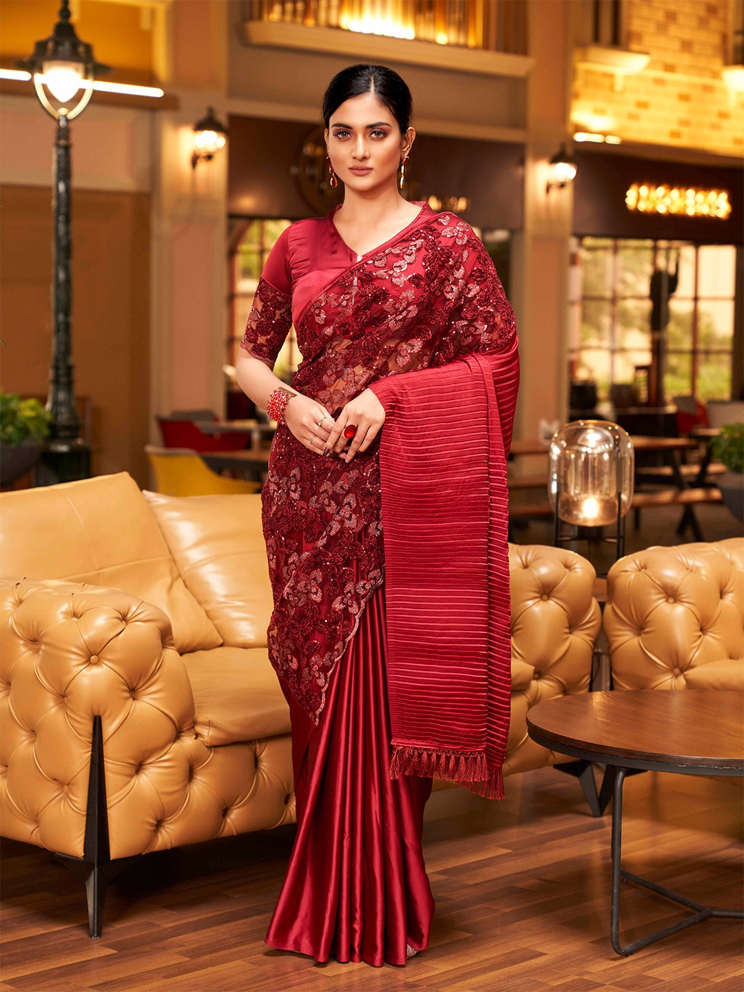 

Tikhi Imli Maroon Floral Embroidered Sequinned Satin Saree