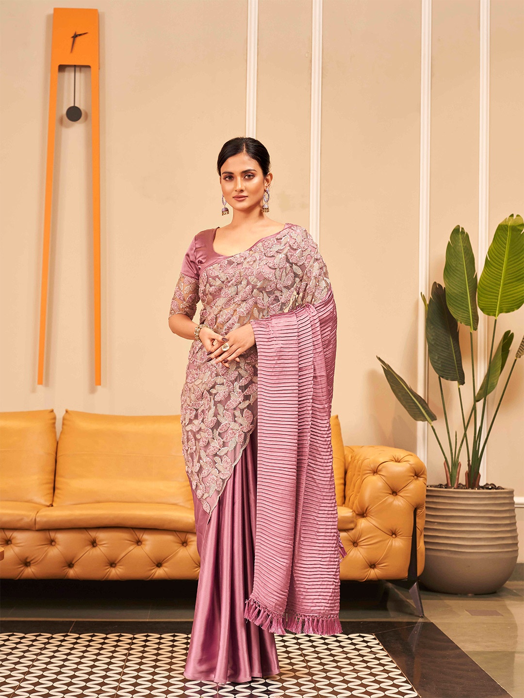 

Tikhi Imli Floral Embroidered Satin Saree, Mauve