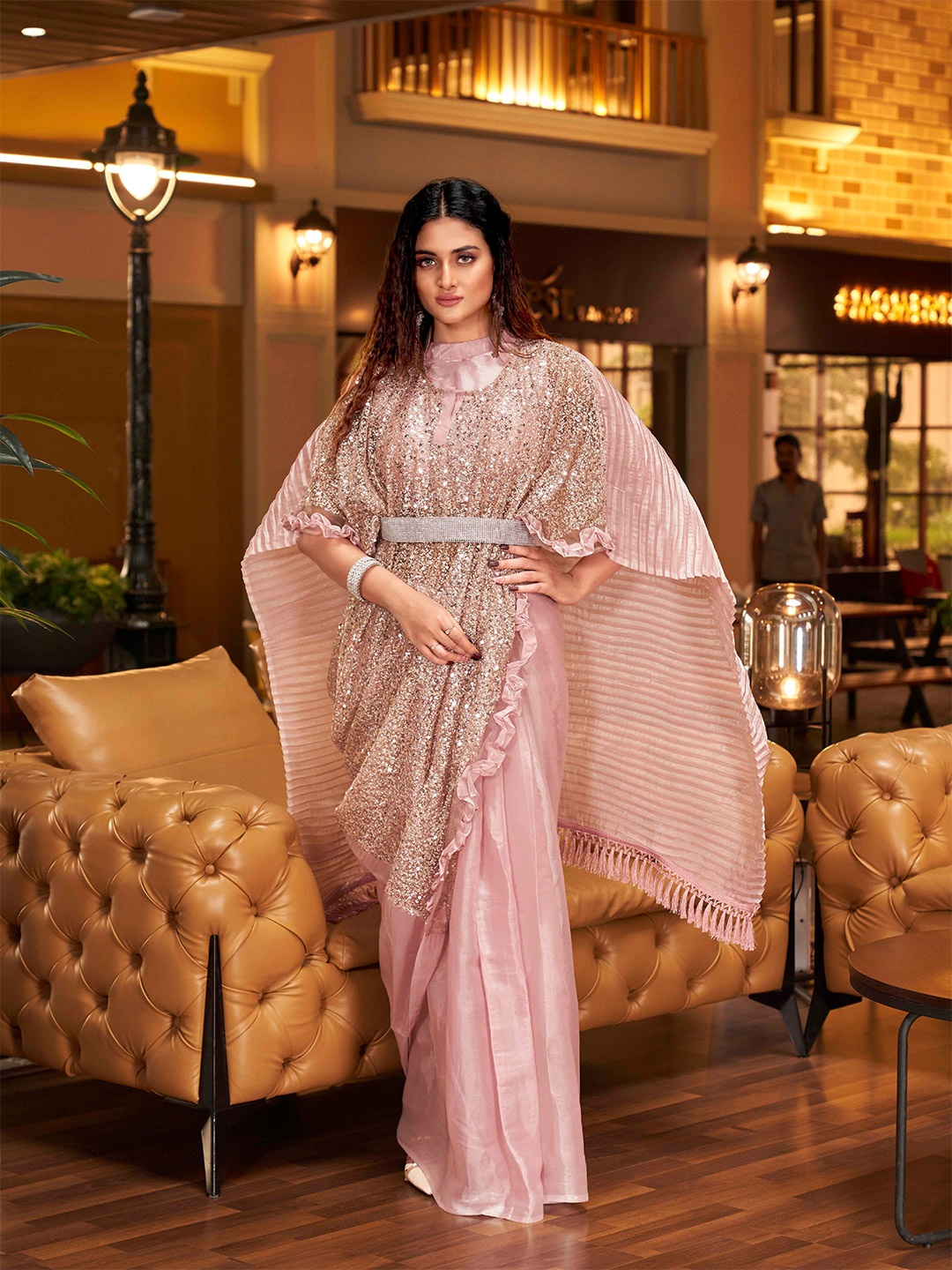 

Tikhi Imli Embellished Sequinned Organza Belted Saree, Pink