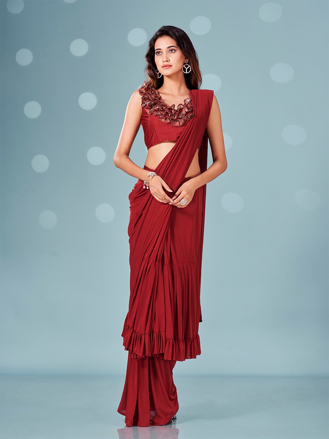 

Tikhi Imli Ruffles Ready to Wear Saree, Maroon