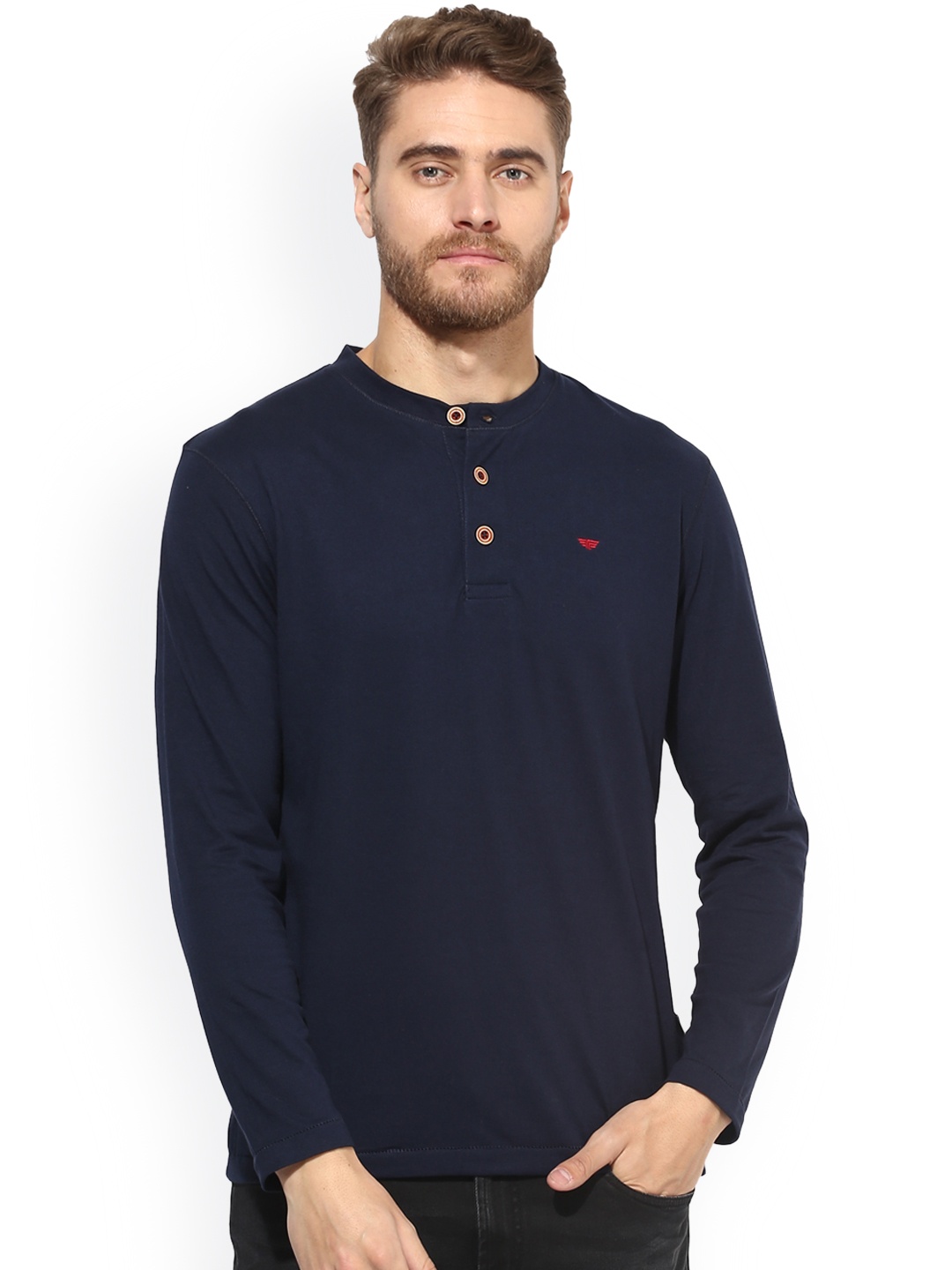 

Red Tape Men Navy Blue Solid Henley Neck T-shirt