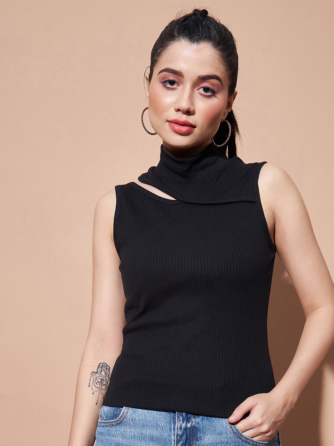

SASSAFRAS BASICS Ribbed Turtle Neck Sleeveless Cut Outs Cotton Fitted Top, Black