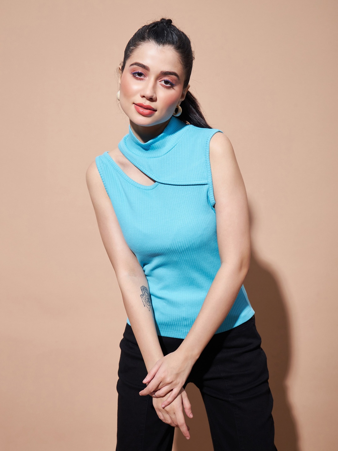 

SASSAFRAS BASICS Ribbed Turtle Neck Sleeveless Cut Outs Cotton Top, Turquoise blue