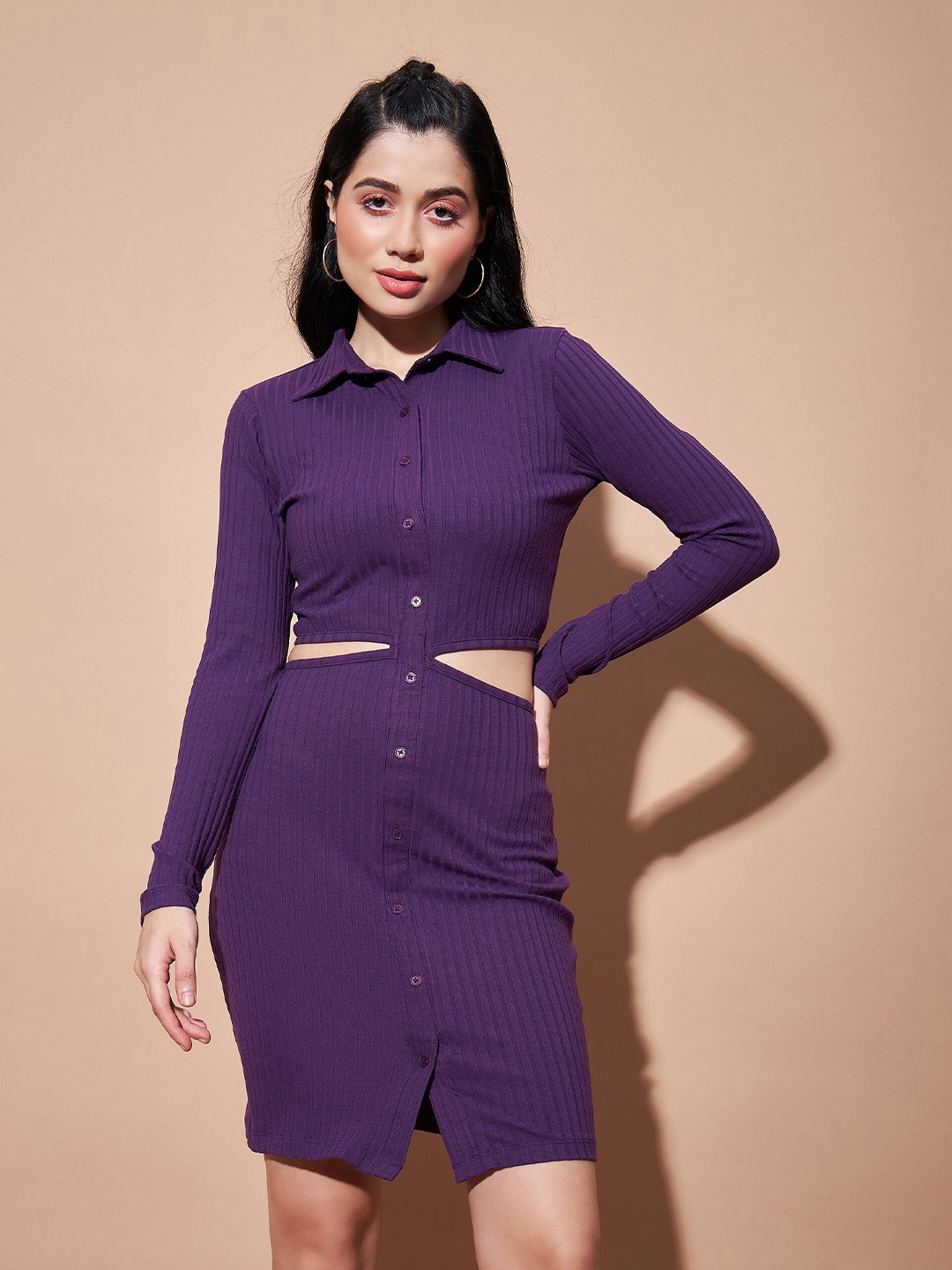

SASSAFRAS BASICS Cut-Out Shirt Collar Cotton Bodycon Dress, Purple