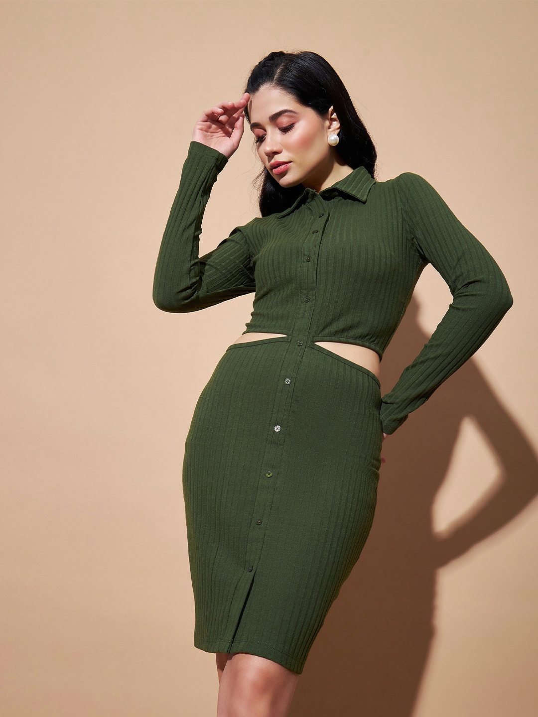 

SASSAFRAS BASICS Cut-Out Ribbed Shirt Collar Cotton Bodycon Dress, Olive