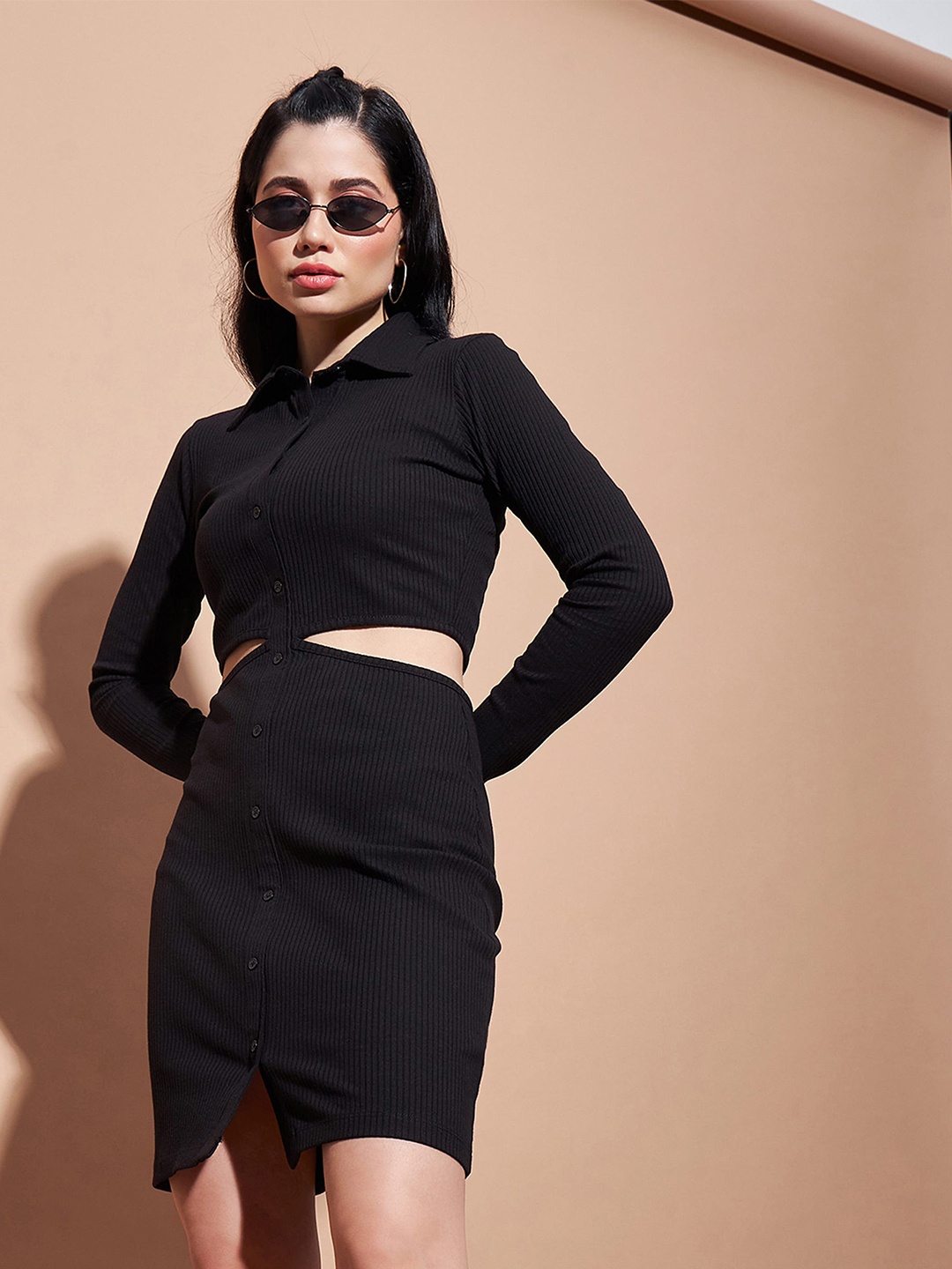 

SASSAFRAS BASICS Cut-Out Shirt Collar Cotton Bodycon Dress, Black