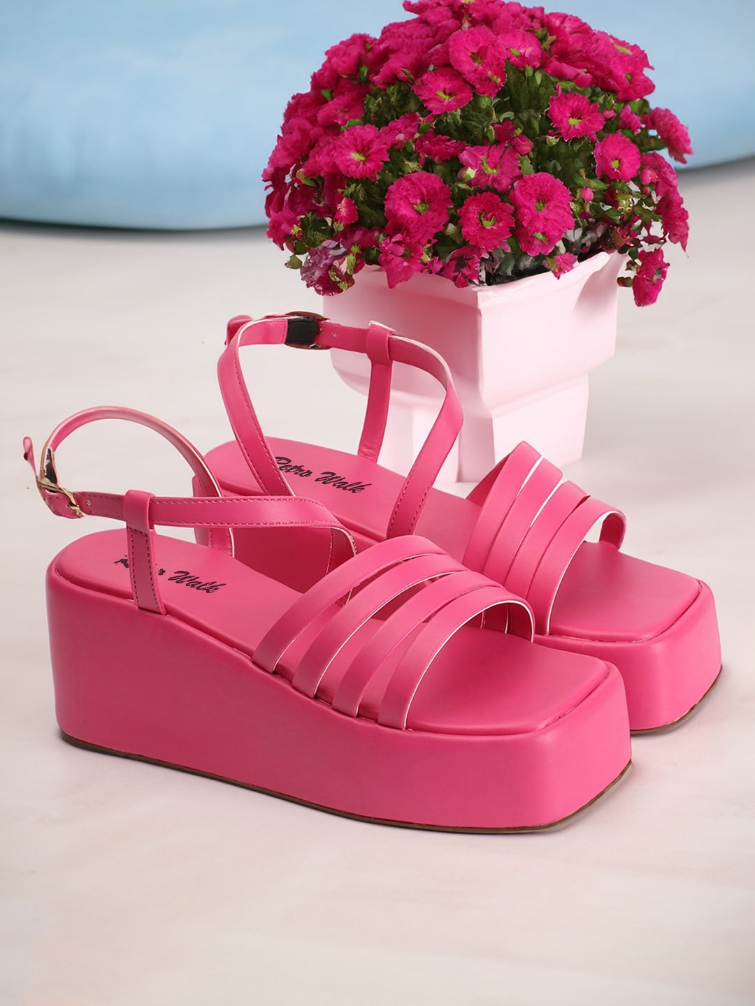 

Retro Walk Strappy Open Toe Flatform Heels With Buckles, Pink