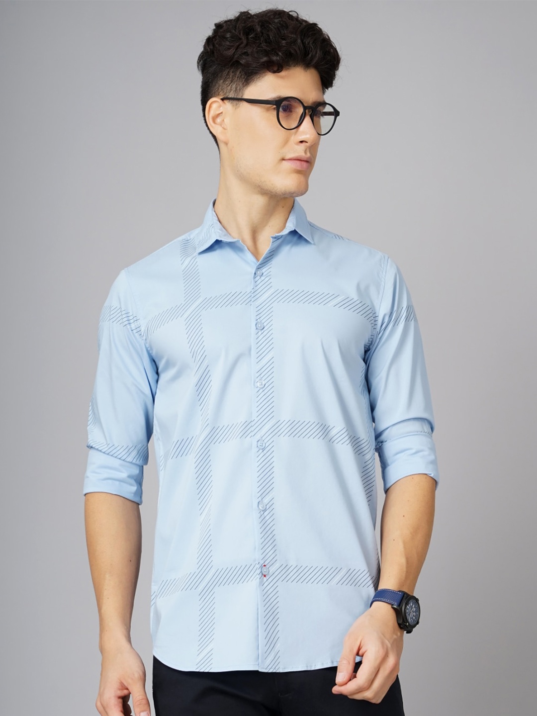 

PAUL STREET Standard Slim Fit Geometric Printed Cotton Casual Shirt, Blue