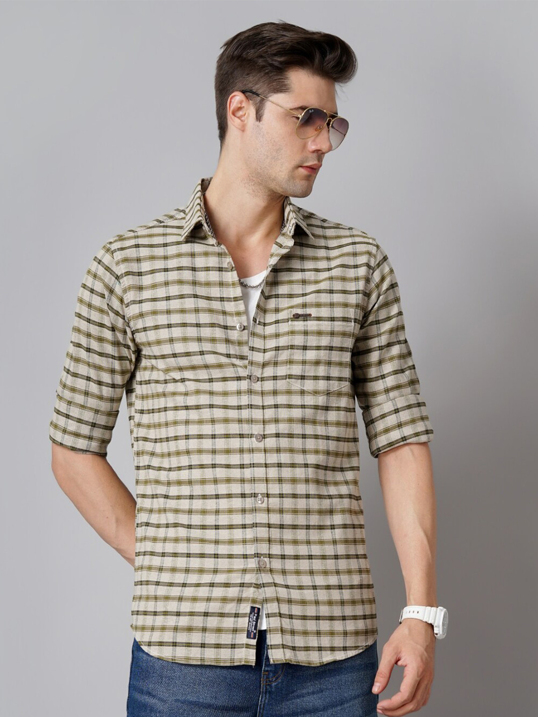 

PAUL STREET Standard Slim Fit Checked Oxford Weave Cotton Casual Shirt, Beige