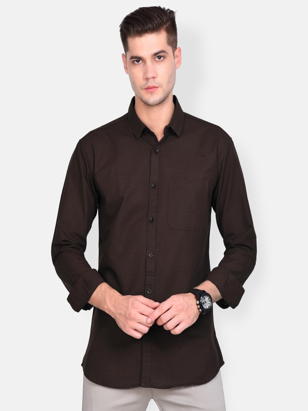 

PAUL STREET Standard Slim Fit Spread Collar Long Sleeves Casual Shirt, Brown