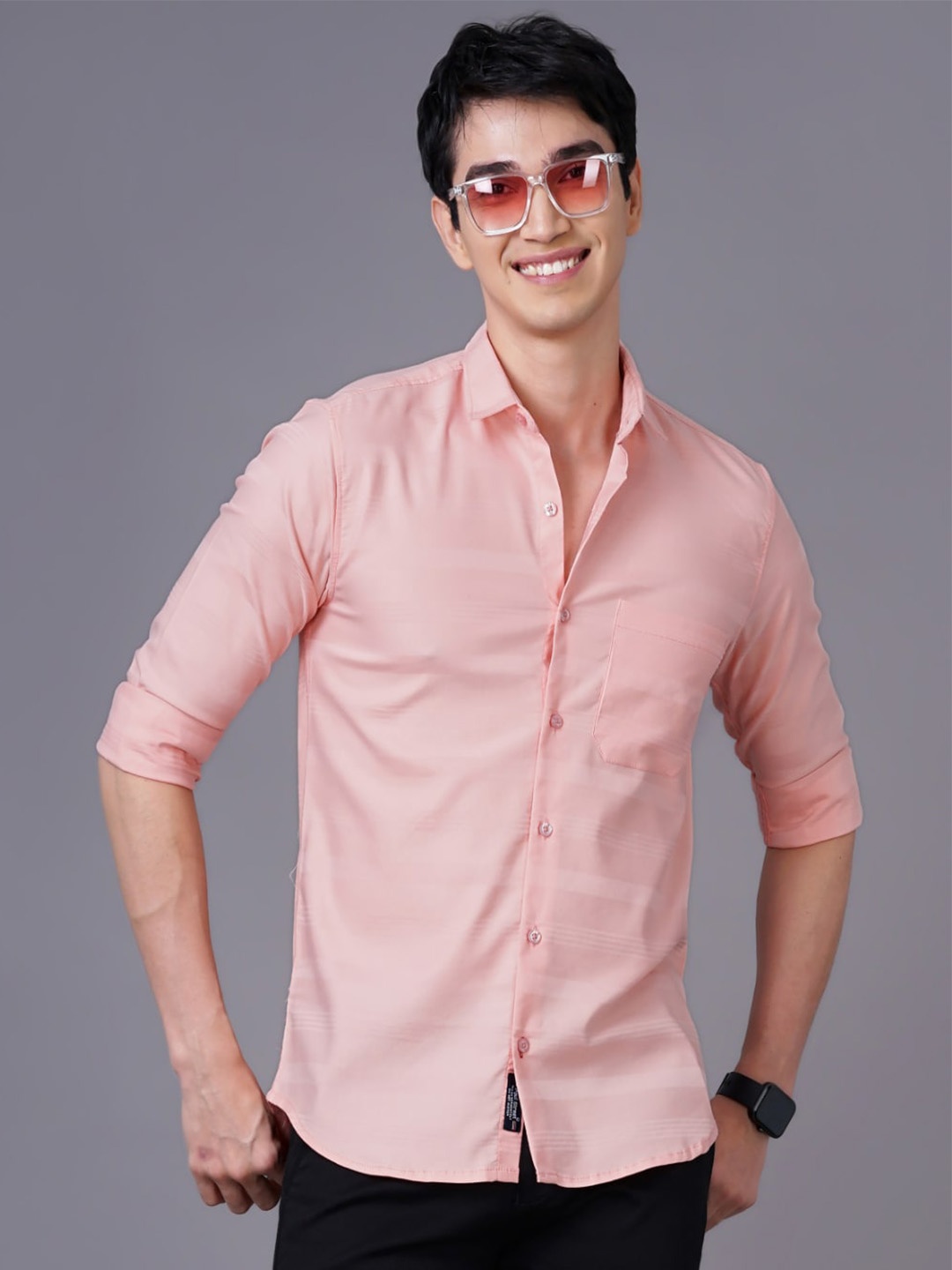 

PAUL STREET Standard Slim Fit Horizontal Stripes Spread Collar Long Sleeve Casual Shirt, Pink