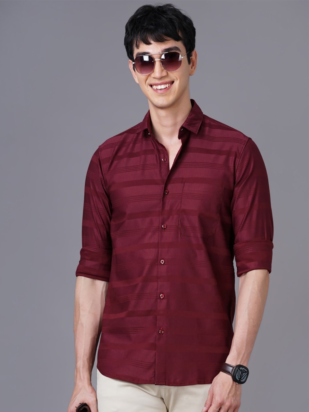 

PAUL STREET Standard Slim Fit Horizontal Stripes Spread Collar Long Sleeve Casual Shirt, Maroon
