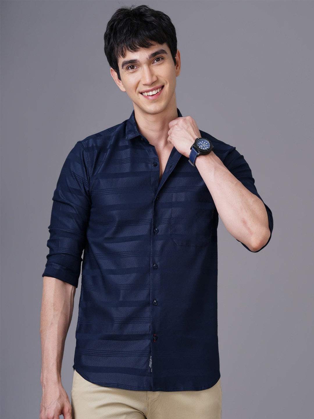 

PAUL STREET Standard Slim Fit Horizontal Striped Casual Shirt, Navy blue