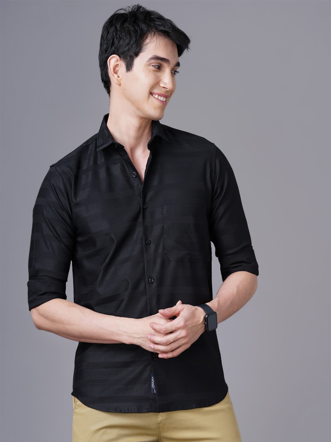 

PAUL STREET Standard Slim Fit Horizontal Striped Casual Shirt, Black